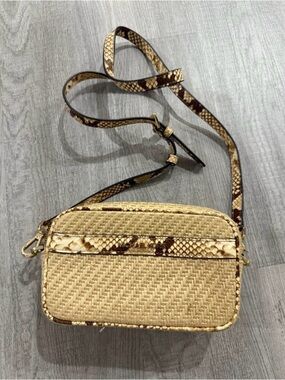 Michael Kors Beige Woven Crossbody with Snake-Print Trim